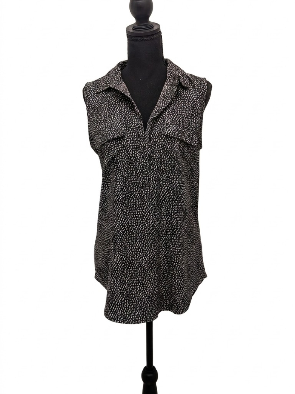 LOFT Black White Micro Print Mixed Media Sleeveless Utility Pocket Top Medium